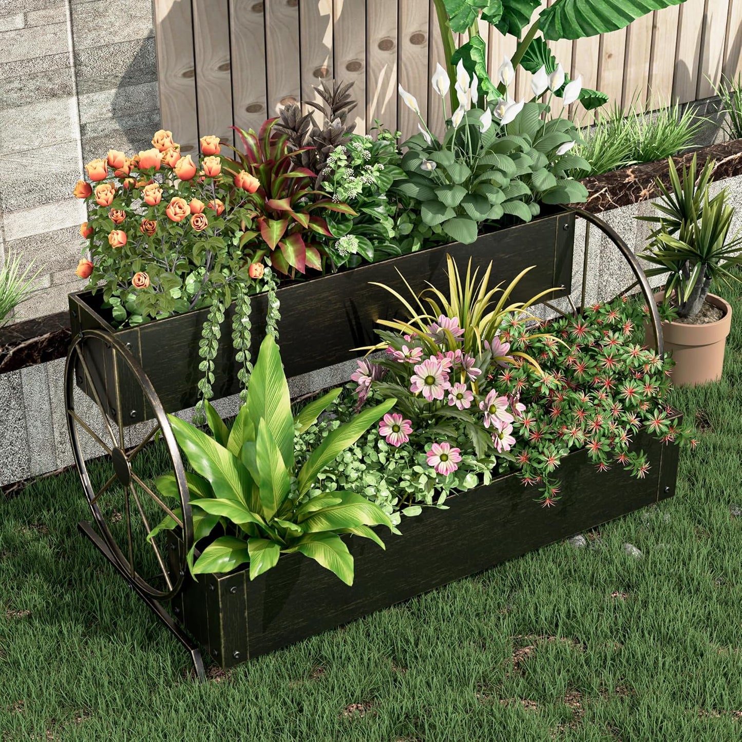 Metal Wagon Planter Box, 2-Tier Garden Planter with Wagon Wheels, Decorative Outdoor Planters for Flowers Herbs Vegetables, Flower Cart Small Raised Garden Bed for Patio, Balcony (Retro Gold)