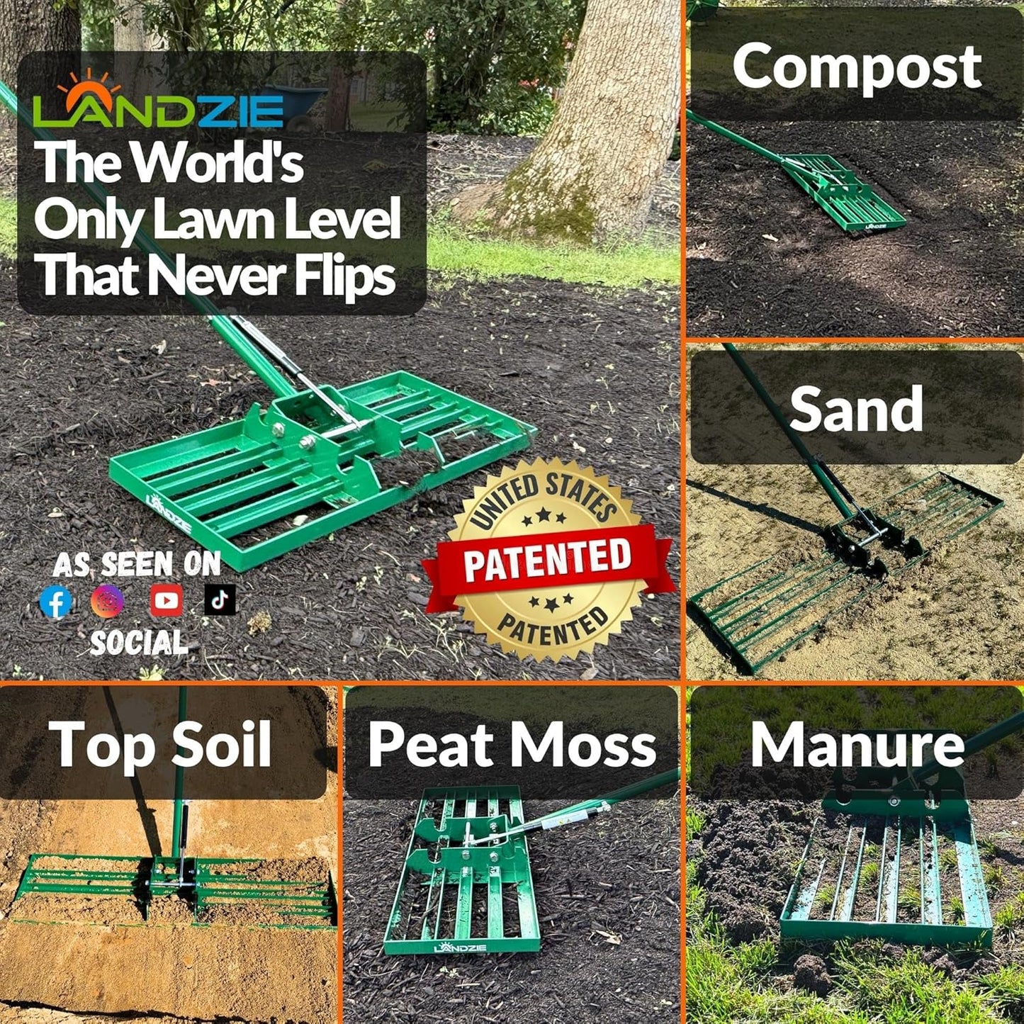 Landzie AeroLeveler - The Lawn Leveling Rake That Never Flips - Patented inch Wide Pneumatic Lawn Level for Yard, Dirt, Soil, Sand, Provides Stability and Control (Pneumatic 24" Leveling rake)