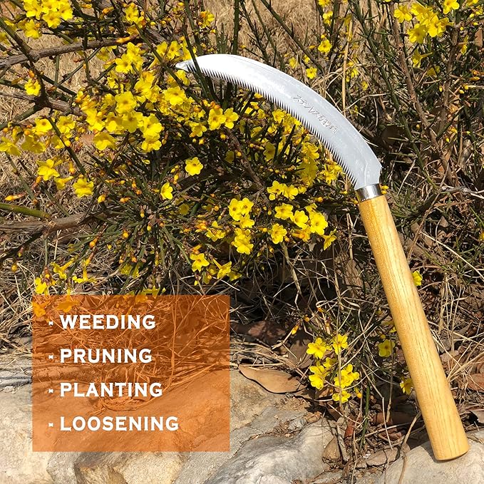 SHANFEEK Grass Sickle with Sawtooth Japanese Weeding Hoe Weeding Tools for Garden High Toughness Stainless Steel with Hard Solid Wood Handle(Yellow)