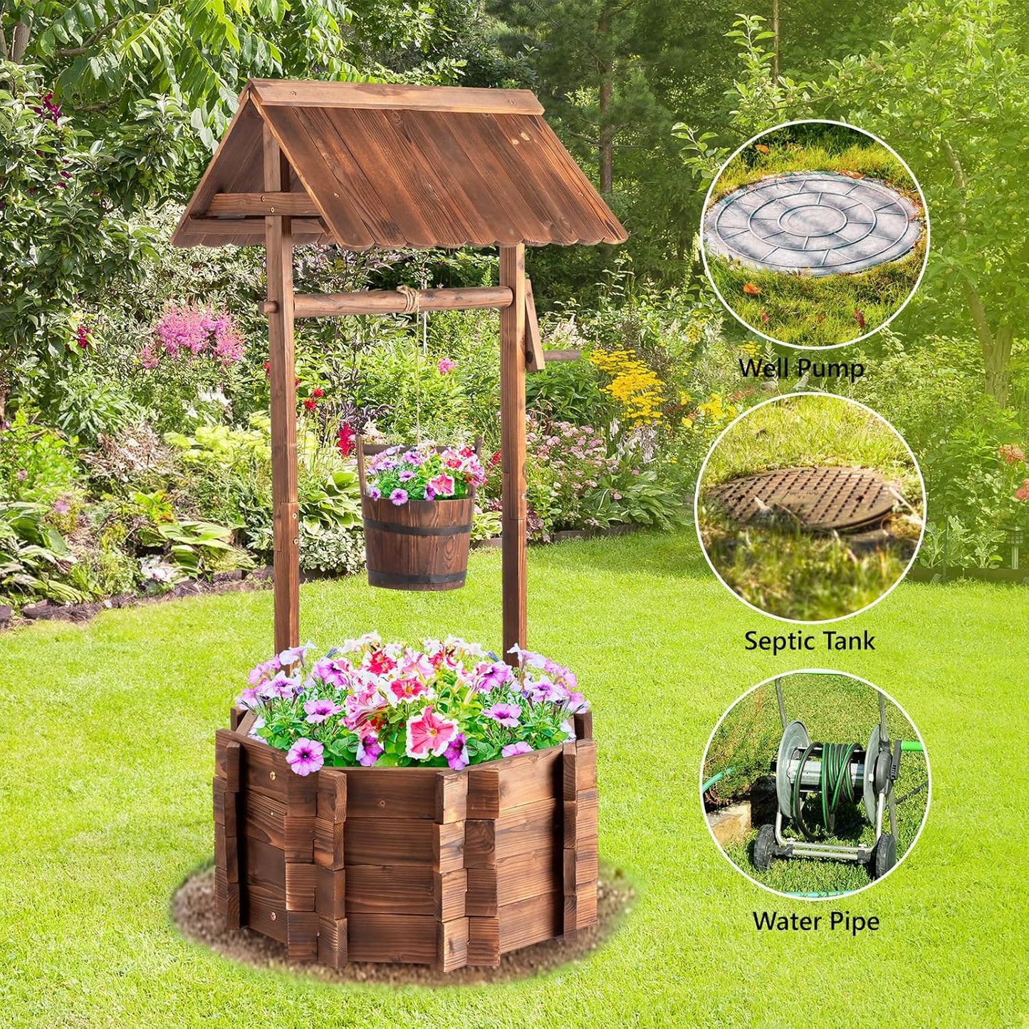 VINGLI Wooden Wishing Well Outdoor Planters, Well Covers for Yard with 4 Reinforced Rods, Height Adjustable Hanging Bucket, Rustic Flower Pot Home Decor for Outside Patio Garden