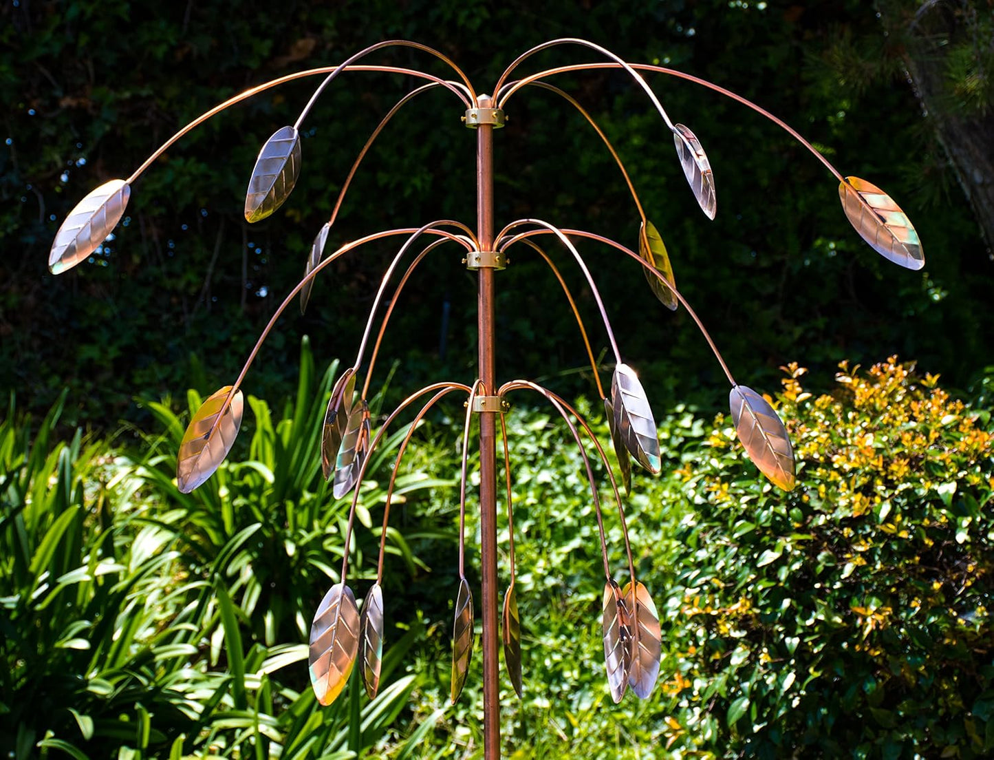 Stanwood Wind Sculpture: Kinetic Copper Triple Spinner - Falling Foliage