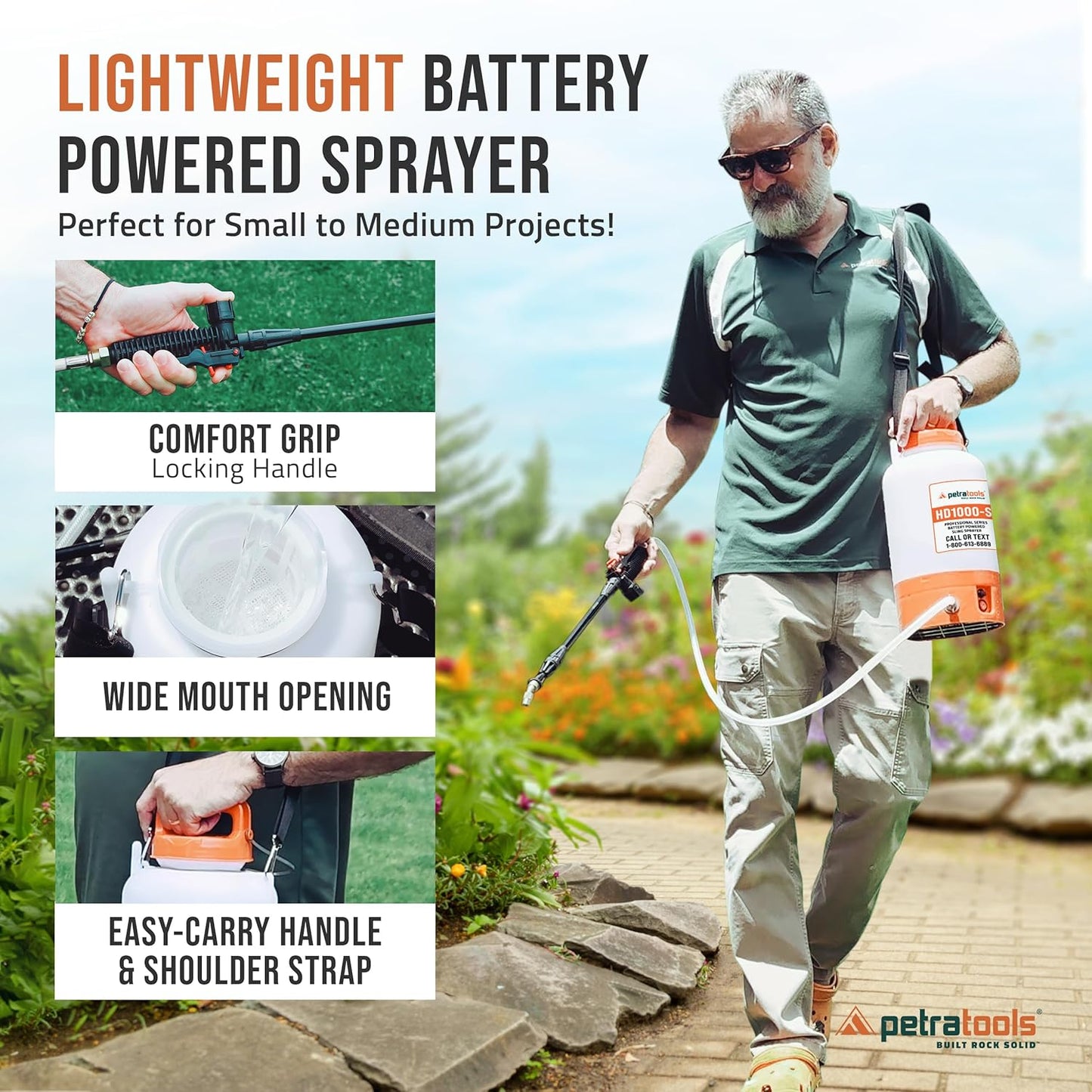 PetraTools Battery Powered Sprayer 1 Gallon - HD1000-S - Heavy Duty Electric Sprayers in Lawn and Garden for Weed/Pest Control, Watering & More - with 8 Nozzles & Strap (1 Gallon ProKit)