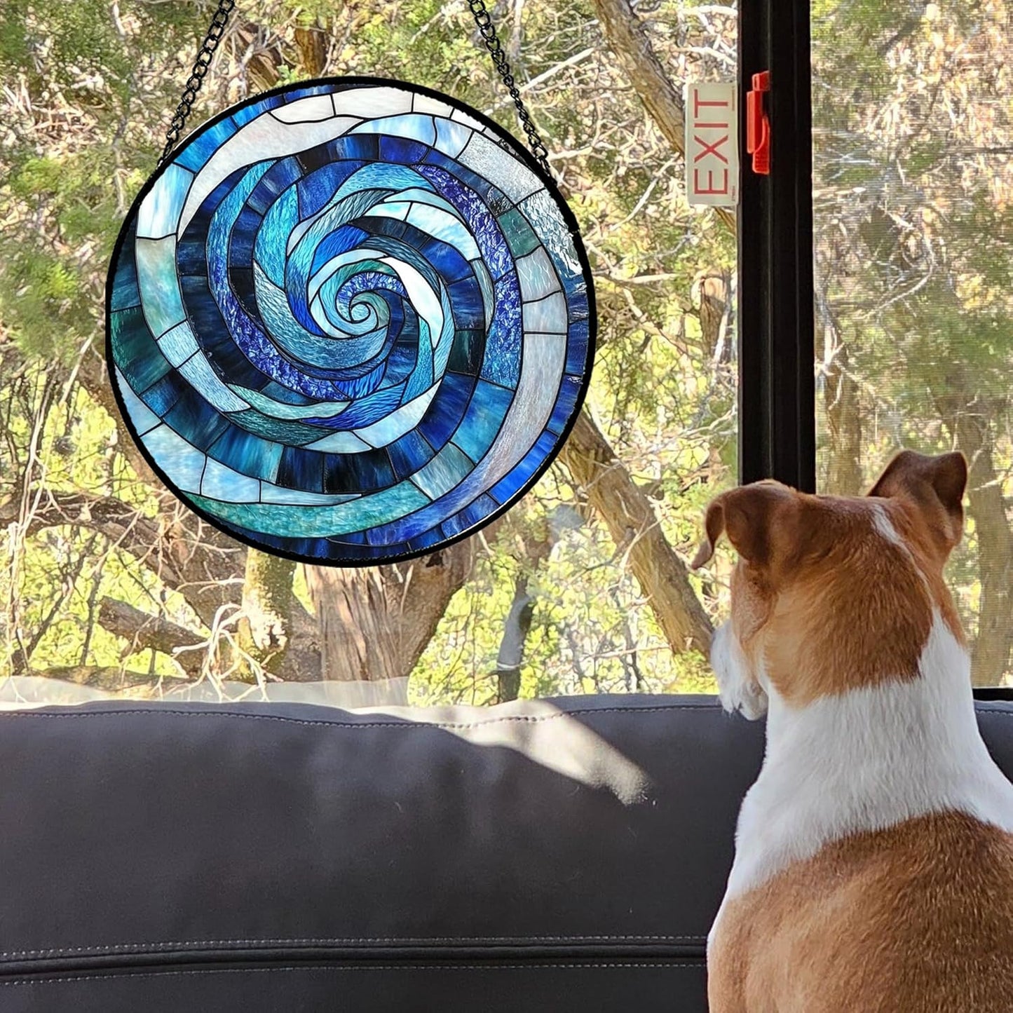 Stained Glass Window Hanging - Blue Abstract Swirl Suncatcher for Doors Garden Patio Unique Sun Catchers Decor Christmas Mother's Day Birthday Gifts for Women Men Mom Nana Friend 15 in
