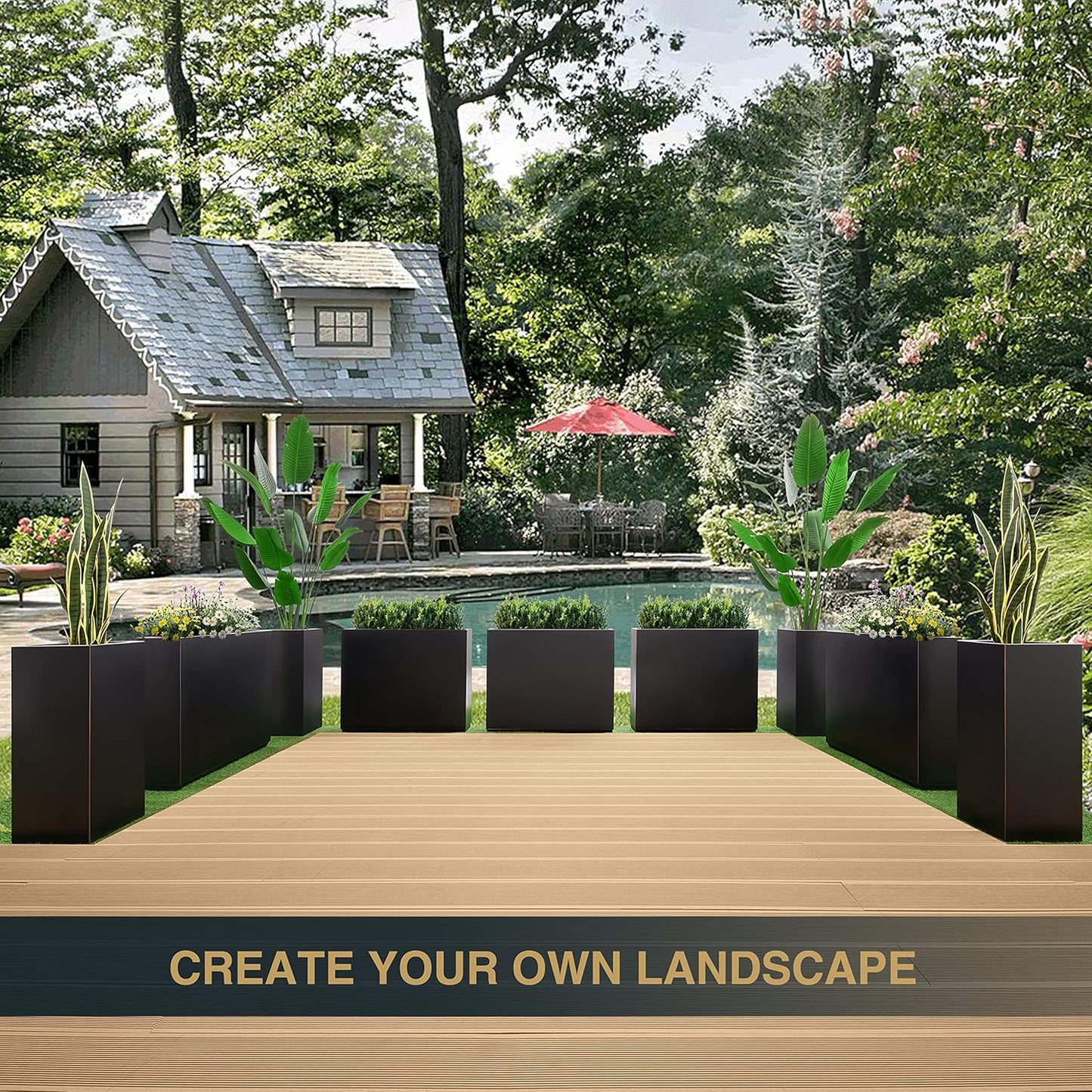 Metallic Heavy Planter for Outdoor Plants, 38Lx10Wx30H Inches Tall and Long Metal Divider Planter Box with Hand Brushed Gold Edge for Outside & Indoor, No Assembly (Black)