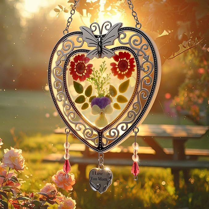 KY&BOSAM Heart Suncatcher-Stained Glass Panles I Love You Mom Sun catchers Hangings for Windows Wind Chime Ornament Mom Gifts - Gifts for Mother`s Day Valentine`s Day Birthday Christmas