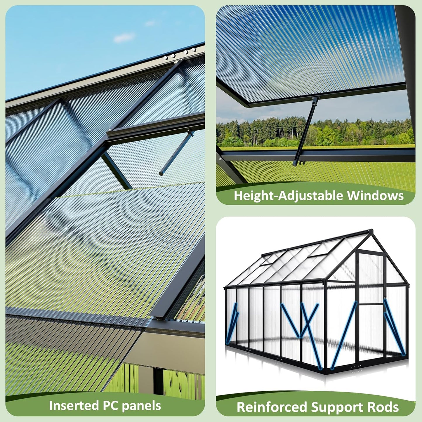 6x11 FTQuick Setup Polycarbonate Greenhouse with Roof Vent, Large Aluminum Walk-in Green House for Outdoor Garden Backyard, Black