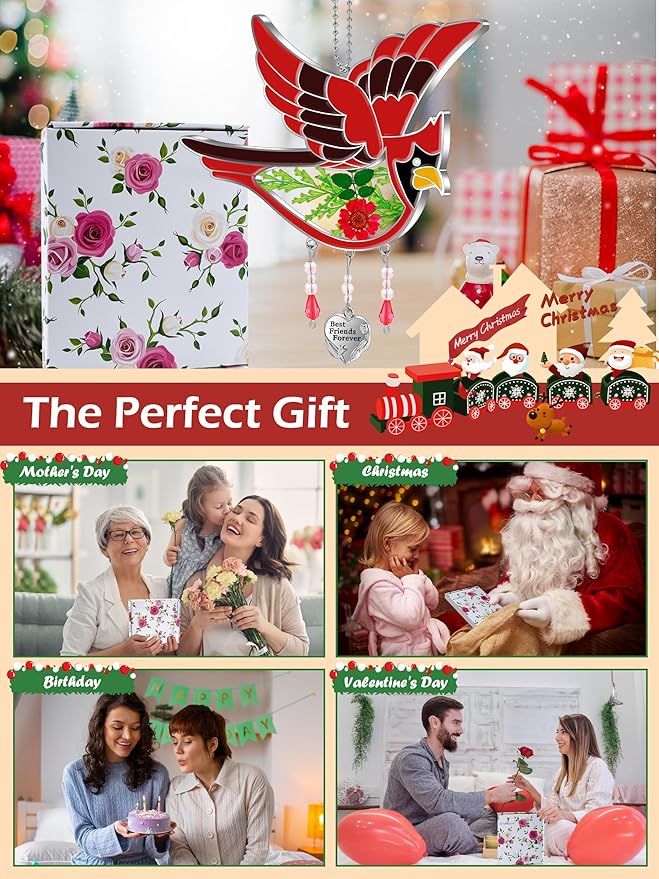 KY&BOSAM Best Friend Forever Cardinal Suncatcher Gifts for Friend Hand-Painted Garden Ornament Hanging Wind Chime with Pressed Flower Cardinal Embedded in Glass Mother`s Day Birthday Christmas