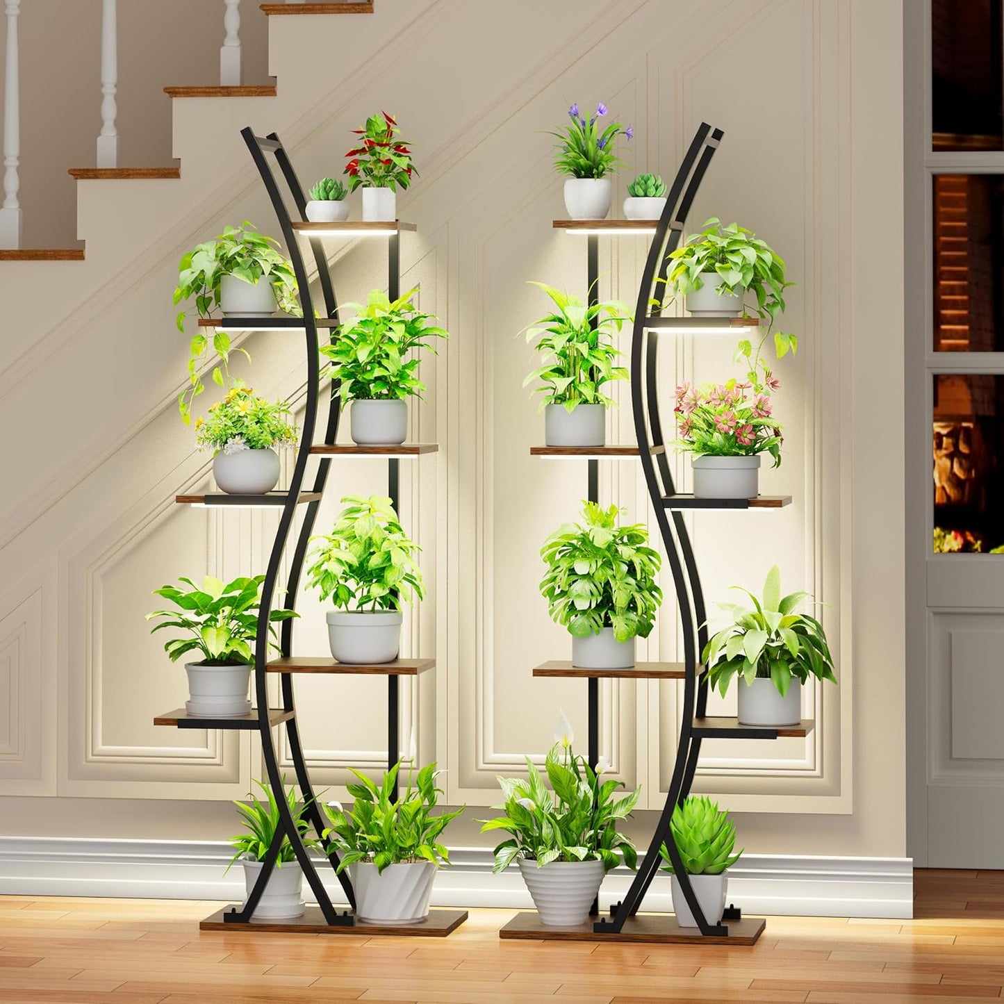Tall Plant Stand Indoor with Grow Light, 62" 7 Tiered Plant Shelf Holder, Metal Large Corner Shelves Display Rack Flower Stand for Living room, Patio, 2 Pack