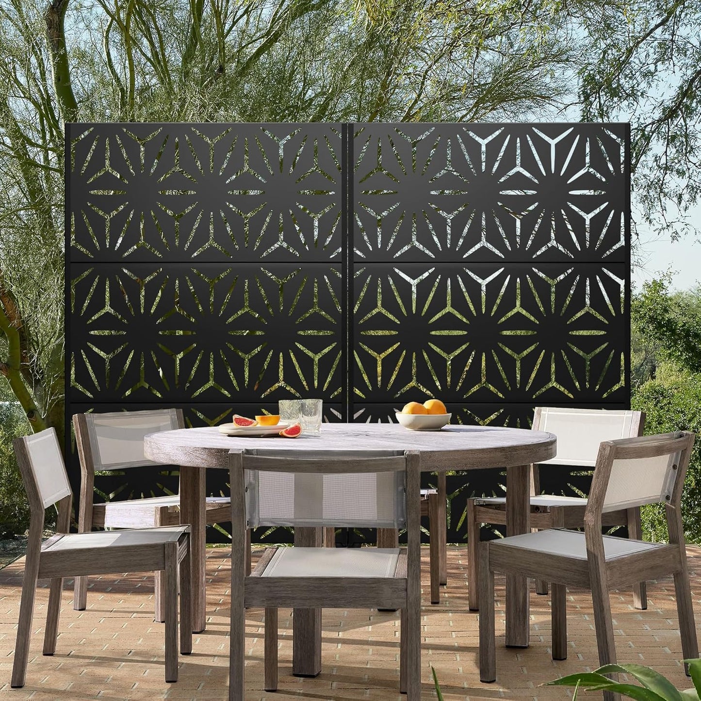 Metal Privacy Screen Outdoor 72" H×47" W, Freestanding Decorative Privacy Screen for Balcony Yard&Garden, Privacy Fence-Black&Star