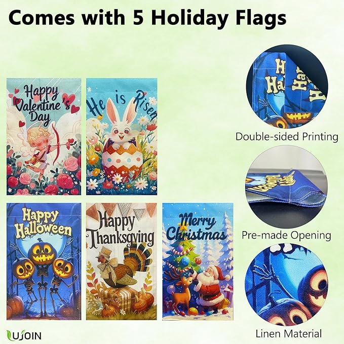 DIY Solar Garden Flag Stand with 5 Holiday Flags, Universal LED Board for DIY a Lighted 12"x18" Flag, Including Valentines Day, Easter Day, Halloween, Thanksgiving Day & Christmas Flags