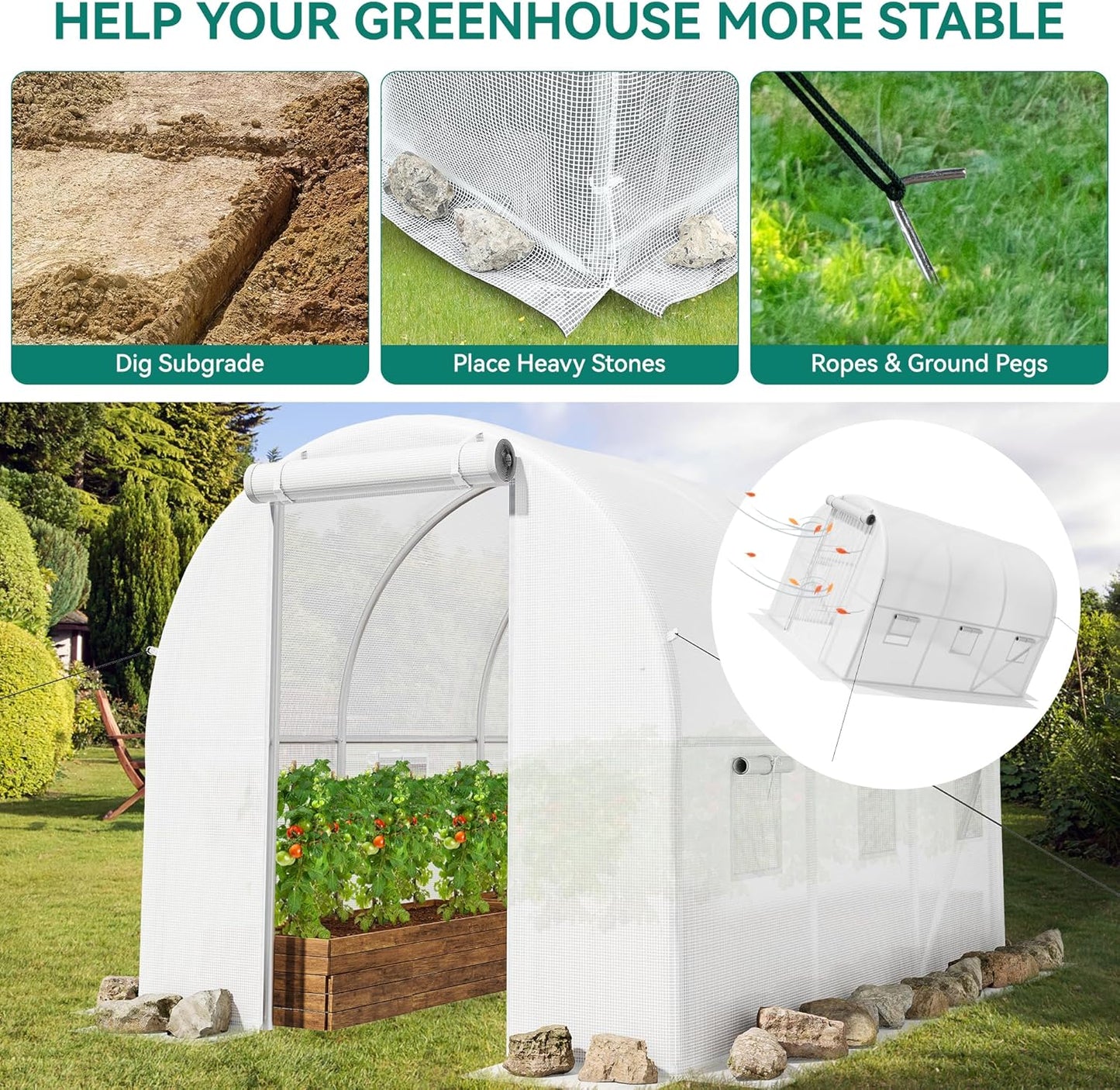 YITAHOME 10x6.5x6.5ft Greenhouses Large Walk-in Green House Heavy Duty Tunnel Green Houses Outdoor Portable Plant Gardening Upgraded Galvanized Steel Frame Zipper Doors 5 Crossbars Garden, White