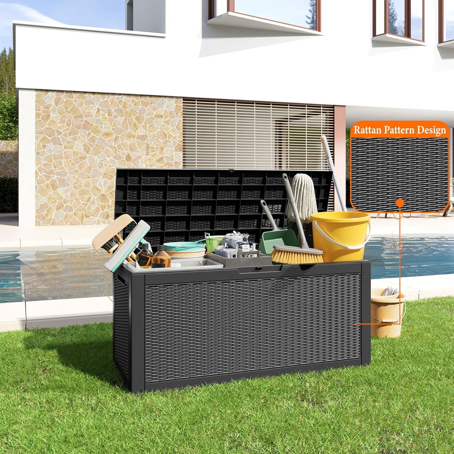 100 Gallon Resin Deck Box, Lockable Patio Outdoor Storage Box for Furniture, Garden Tools and Tools Storage, Waterproof Outside Storage Boxes - Black