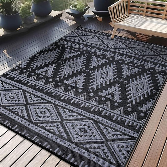 OLANLY Outdoor Rug Waterproof 6x9 ft, Reversible Outdoor Plastic Straw Rug, Boho Patio Rug, Indoor Outdoor Carpet, RV Mat Outside for Patio, Camp, Picnic, Balcony, Deck, Backyard, Black & Grey