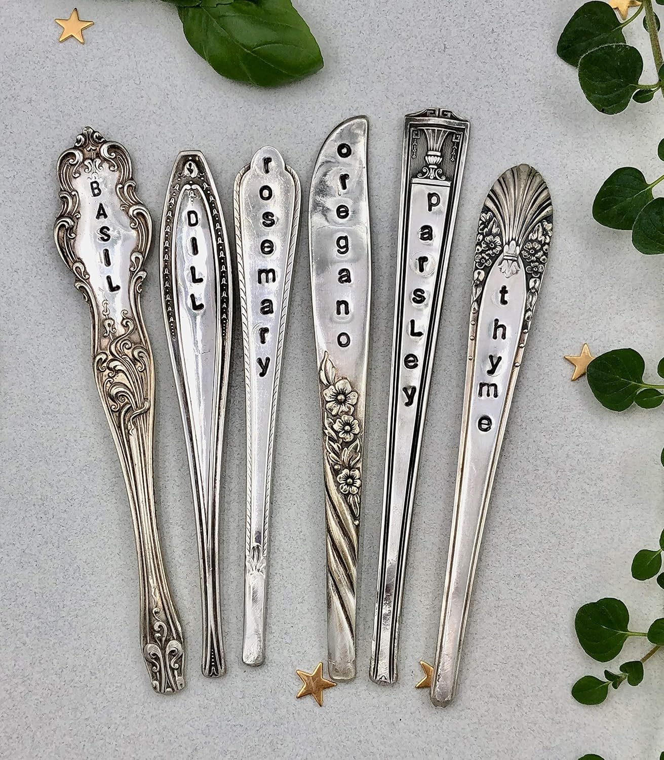 Herb Markers Set of 6 GARDEN stakes Made From Vintage Spoon Handles Oregano, Basil, Parsley, Rosemary, Thyme, Dill. Garden Markers Herb Labels