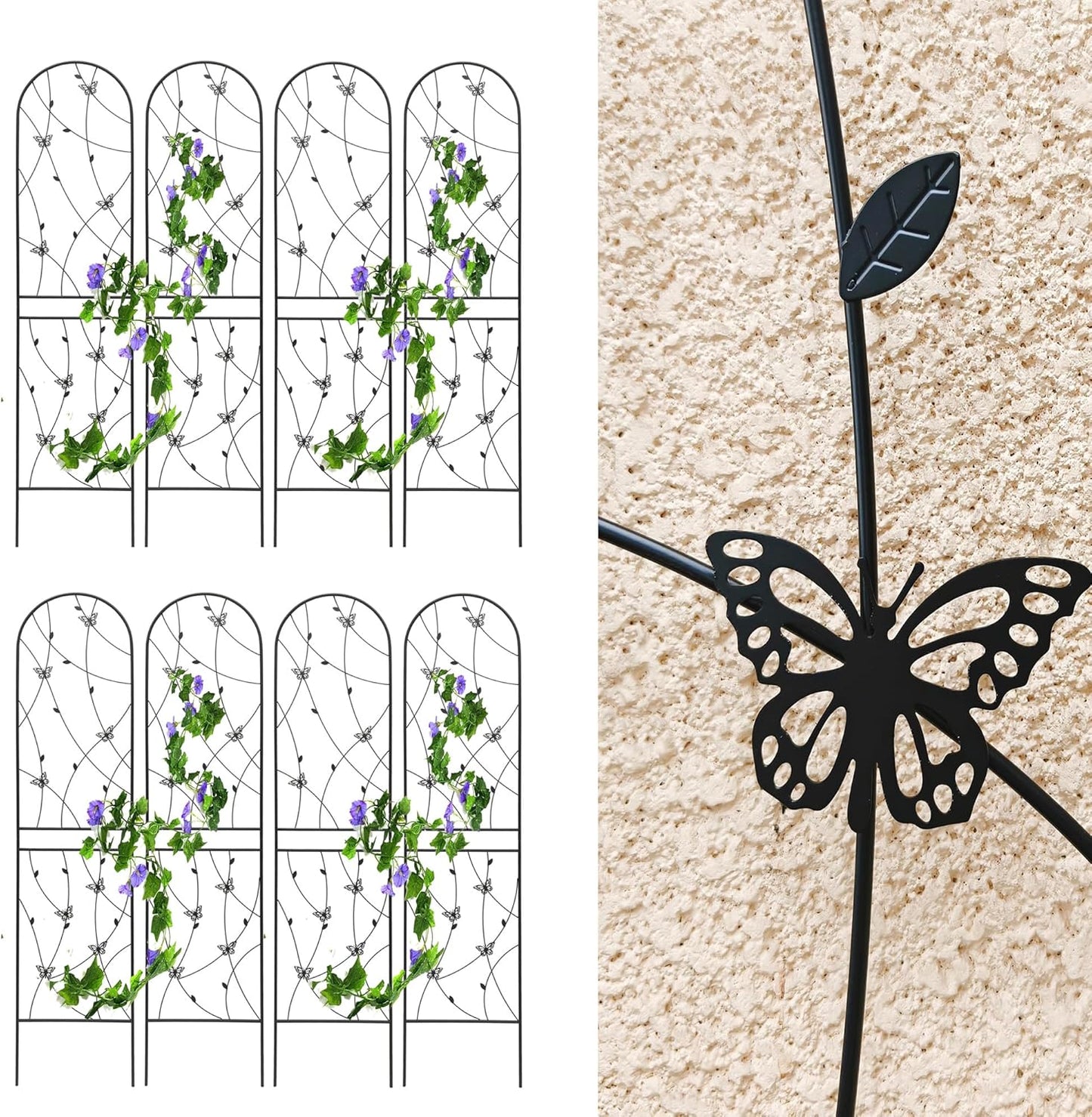 8 Pack Metal Garden Trellis for Climbing Plants, 71" Tall Rustproof Outdoor Trellis Panel with Butterfly Design, Decorative Black Iron Plant Support for Vine, Rose, Flower, Garden Wall