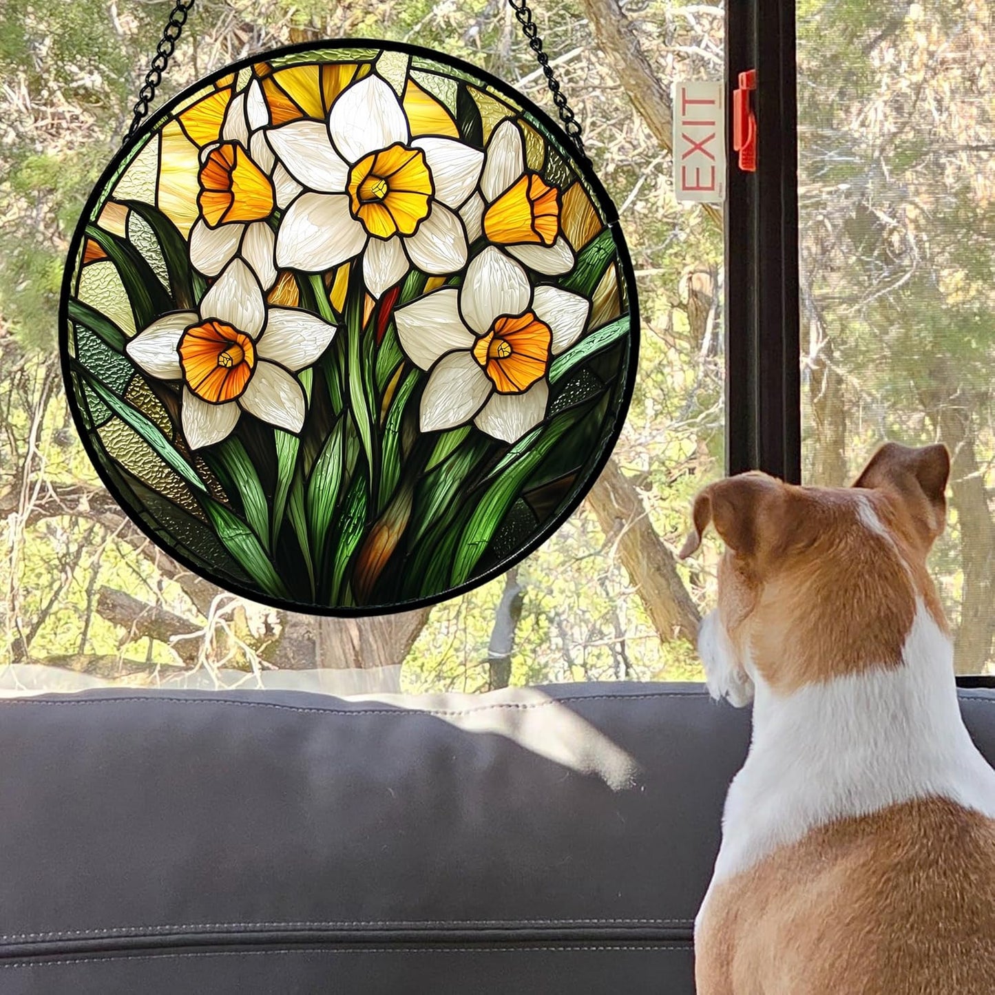 Stained Glass Window Hanging, Yellow and White Daffodils Sun Catcher for Door Home Decor Plants Flowers Suncatcher Christmas Mother's Day Birthday Gifts for Women Men Mom Nana 7.8 in