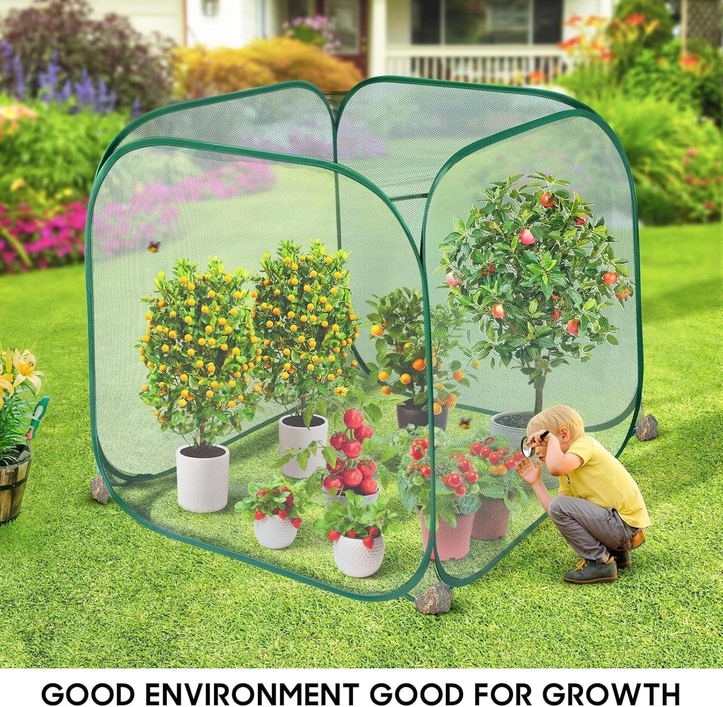 MIAOKE Pop Up Mesh Plant Cover, 35.4x35.4x38.2 Inch No Build Garden Netting Protection Against Insects, Raised Bed Cover for Barrier Against Insects for Vegetable Plant Fruit Animals