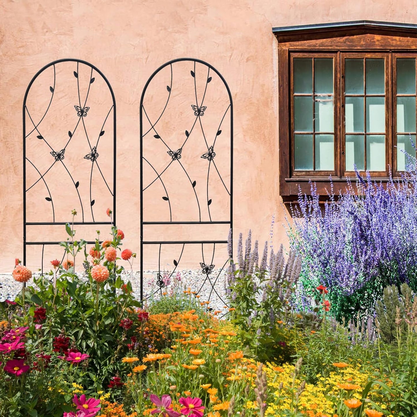 8 Pack Metal Garden Trellis for Climbing Plants, 71" Tall Rustproof Outdoor Trellis Panel with Butterfly Design, Decorative Black Iron Plant Support for Vine, Rose, Flower, Garden Wall