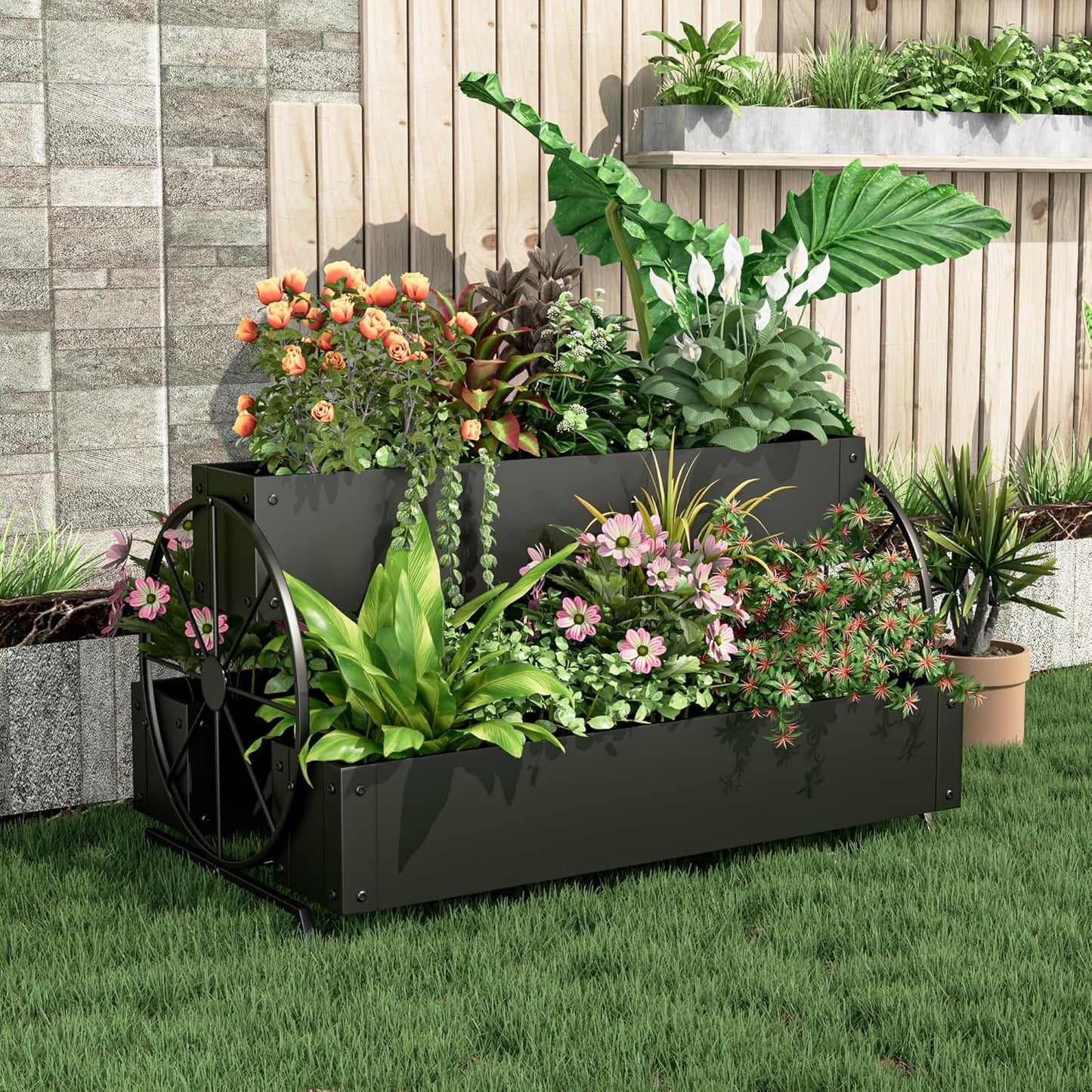 Metal Wagon Planter Box, 3-Tier Garden Planter with Wagon Wheels, Decorative Outdoor Planters for Flowers Herbs Vegetables, Flower Cart Small Raised Garden Bed for Patio, Balcony (Black)