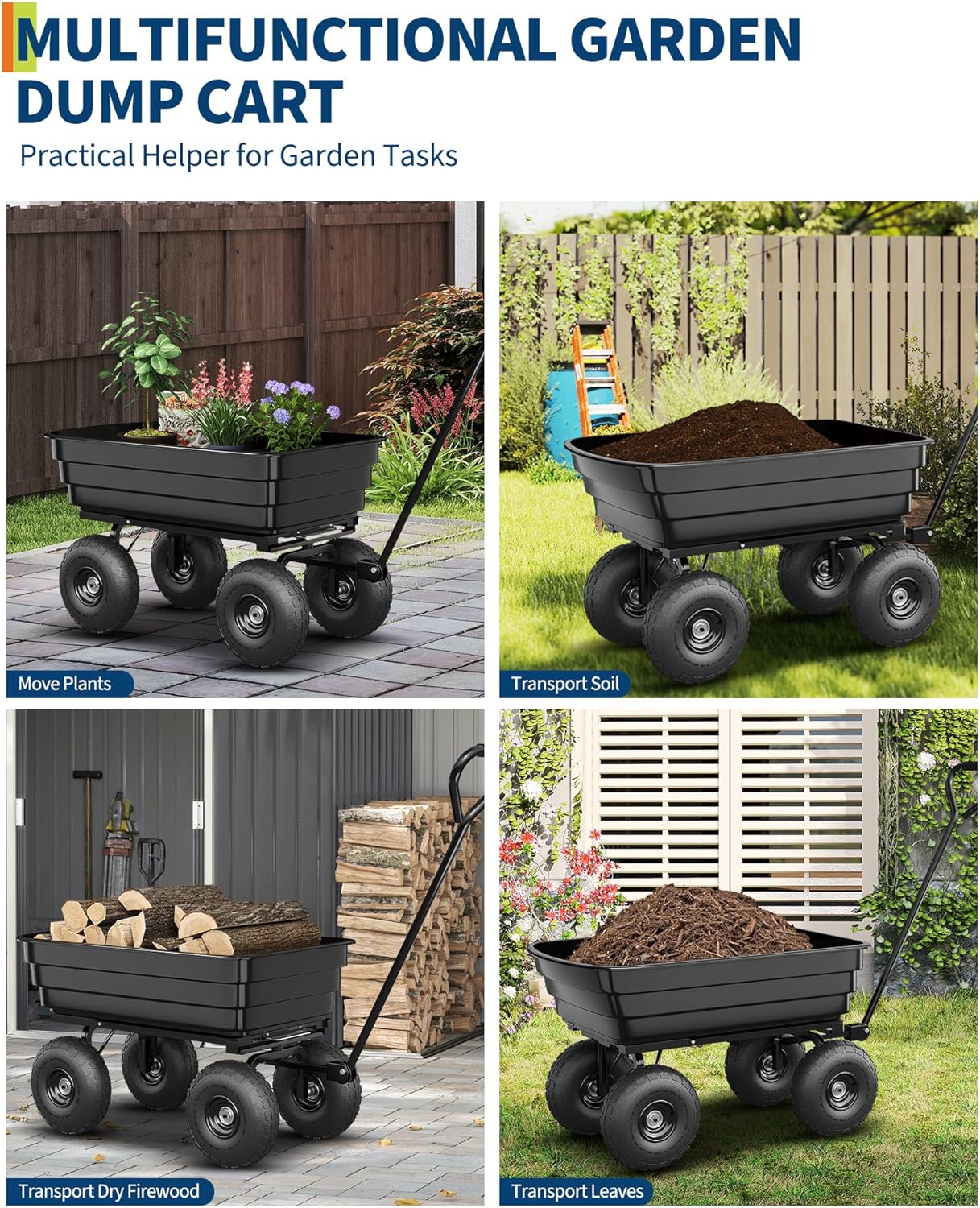 Poly Dump Cart - Heavy Duty 600lbs Garden Cart with Quick-Release Dumping & No-Flat 10" Tires, Utility Wagon for Yard Work, Landscaping, Gardening