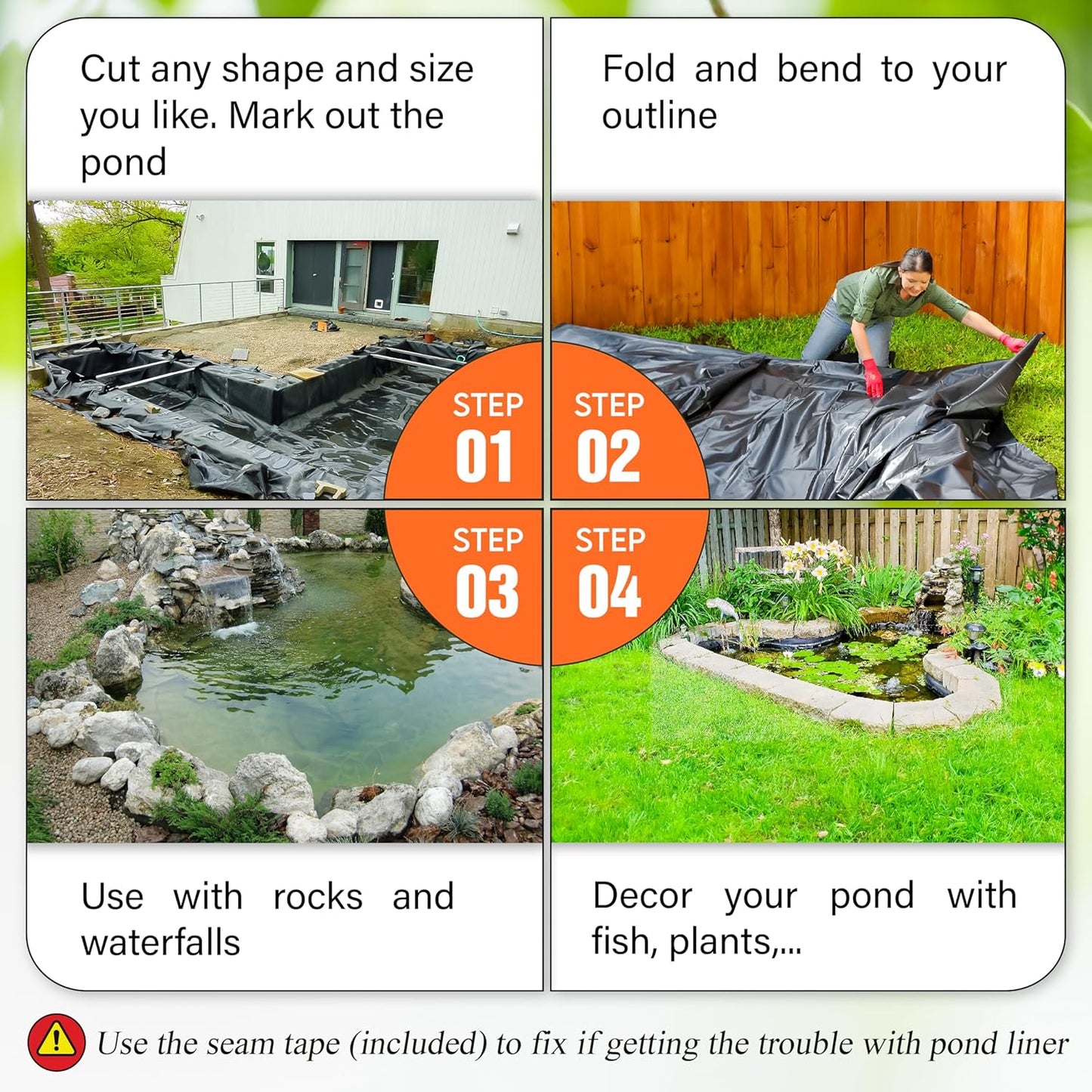 [Premium] 45 Mil LDPE Pond Liner with Seam Tape, 19.7 * 26.2FT Pond Lining for Fish Pond, Performed Garden Ponds, Large Pond Liner for Fishpond, Koi Pond, Waterfall, Streams