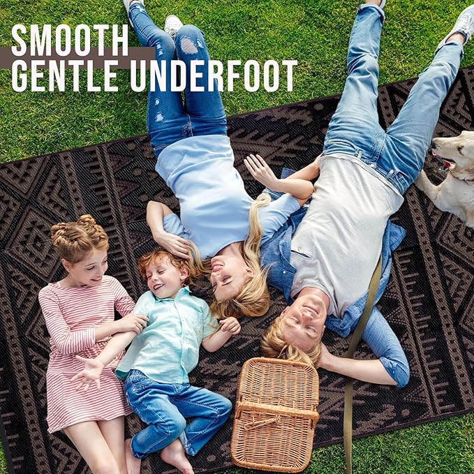 OLANLY Outdoor Rug Waterproof 10x14 ft, Reversible Outdoor Plastic Straw Rug, Boho Patio Rug, Indoor Outdoor Carpet, RV Mat Outside for Patio, Camp, Picnic, Balcony, Deck, Backyard, Black & Brown