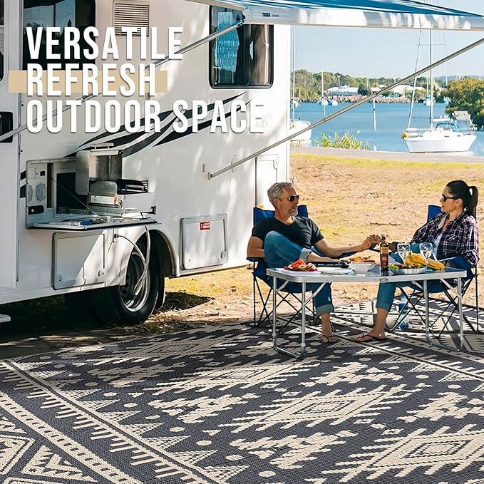 OLANLY Outdoor Rug Waterproof 9x18 ft, Reversible Outdoor Plastic Straw Rug, Boho Patio Rug, Indoor Outdoor Carpet, RV Mat Outside for Patio, Camp, Picnic, Balcony, Deck, Backyard, Black & Beige