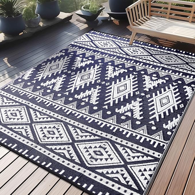 OLANLY Outdoor Rug Waterproof 6x9 ft, Reversible Outdoor Plastic Straw Rug, Boho Patio Rug, Indoor Outdoor Carpet, RV Mat Outside for Patio, Camp, Picnic, Balcony, Deck, Backyard, Navy & White