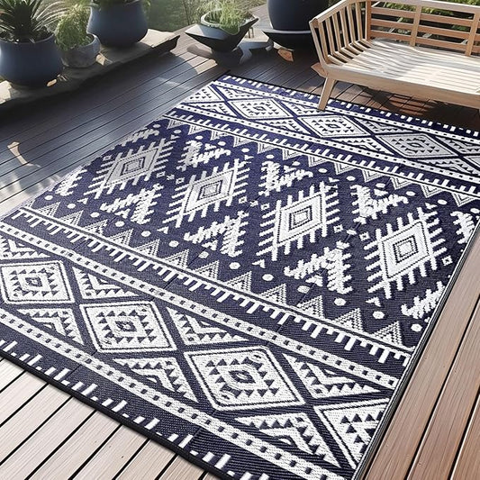 OLANLY Outdoor Rug Waterproof 6x9 ft, Reversible Outdoor Plastic Straw Rug, Boho Patio Rug, Indoor Outdoor Carpet, RV Mat Outside for Patio, Camp, Picnic, Balcony, Deck, Backyard, Navy & White