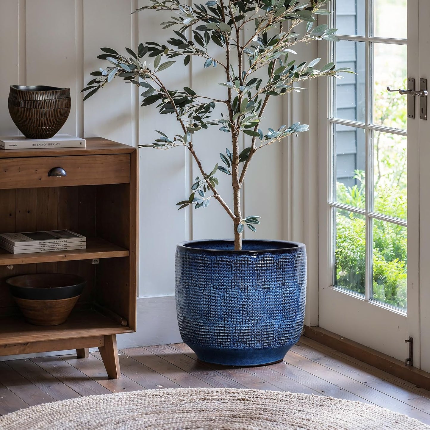 LuxenHome 15.5" Dia Large Ceramic Pots for Plants, Ocean Blue Glazed Planters for Outdoor Plants, Round Indoor Flower Pots with Drainage Hole and Rubber Plug for Home Garden Patio