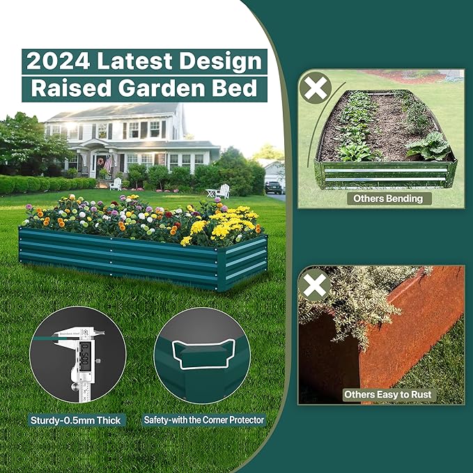 Raised Garden Bed Green, 6x3x1ft Galvanized Raised Garden Beds Outdoor for Vegetables Flowers, Raised Bed Planter Box, Metal Raised Garden Bed Kit with Gloves and 3ftx30ft Weed Barrier Fabric