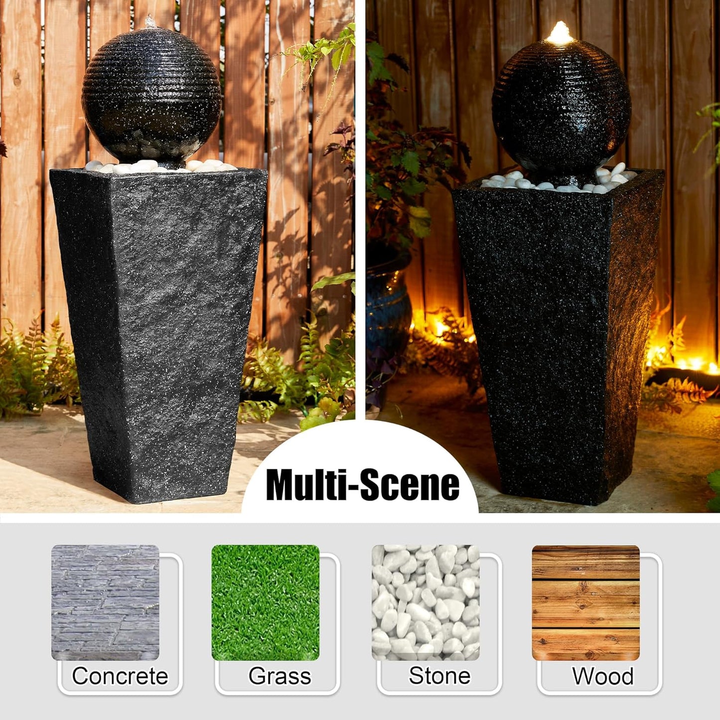 Glitzhome Outdoor Water Fountain with LED Light, Decorative Black Pedestal Water Fountains with Submersible Pump, Modern Sphere Floor Fountain with Pebbles for Garden Patio Decor Porch, 31.75”H