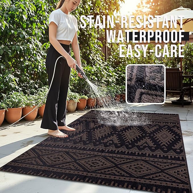 OLANLY Outdoor Rug Waterproof 4x6 ft, Reversible Outdoor Plastic Straw Rug, Boho Patio Rug, Indoor Outdoor Carpet, RV Mat Outside for Patio, Camp, Picnic, Balcony, Deck, Backyard, Black & Brown
