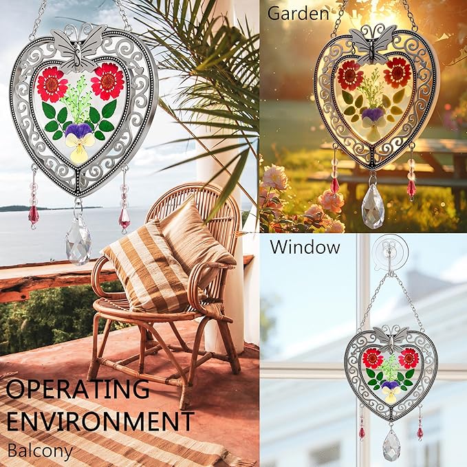 KY&BOSAM Heart Suncatcher Crystal Tree of Life Stained Glass Panles Real Flower Hangings for Windows Home Garden Outside Wind Chime Decor Birthday Gifts for Women Mother`s Day Christmas Ornament