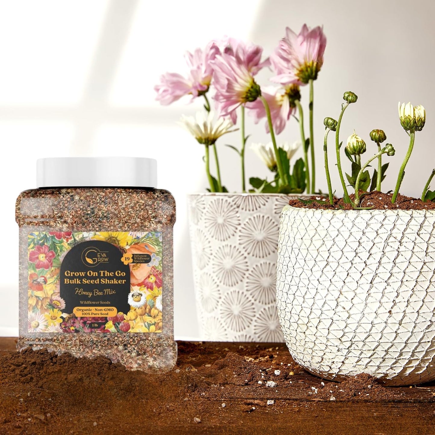 Bulk Wildflower Seed Mix – Honey Bee Wildflower Seed Mix 1 Pound Tub by GevaGrow | Bulk 300,000+ Seed Tub | 19 Variety Flower Seeds for Planting in Pots & Outdoor Gardens | No Messy Bags or Packets |