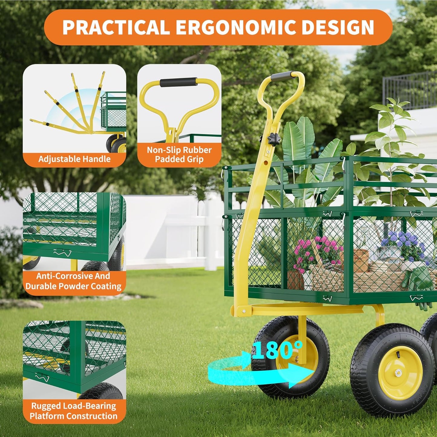 3-in-1 Heavy-Duty Steel Garden Cart, 1400 Lbs Garden Wagon, with 13 Inch All-Terrain Tires and Removable Mesh Side Panels, 180° Rotating Handle, Metal Utility Yard Trailer, Outdoor Gardens Wagon Cart