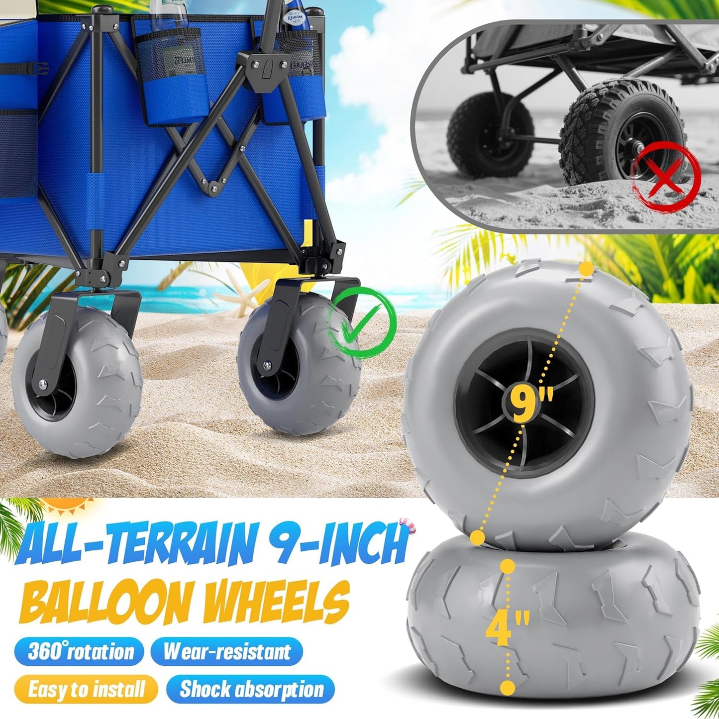 Beach Wagon with Big Wheels for Sand, 450lbs Heavy Duty Folding Wagon, Oversized 200L, 9" PVC All-Terrain Wheels, Adjustable Handle, Cooler & Storage Bags for Beach, Camping, Garden & Outdoor Sports