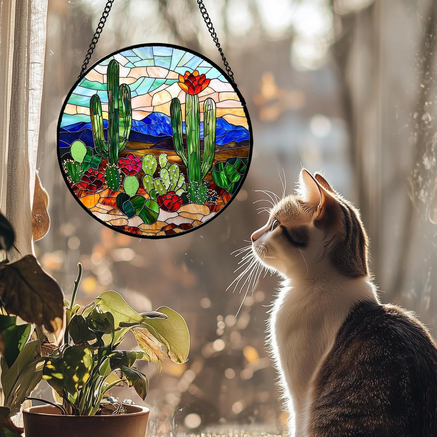 Stained Glass Window Hanging, Green Cactus Suncatcher for Doors Window Home Plant Landscape Sun Catchers Decoration Mother's Day Birthday Gifts for Women, Men, and Mom 11.8 in