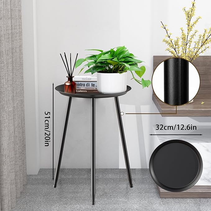 Plant Table Indoor Small,Black Metal Round Side Table.Modern Single Outdoor End Table for Small,Spaces,Patio,Office,Living Room, Bedroom Yard Garden Balcony Bedside