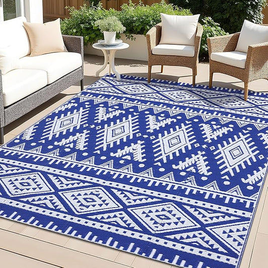 OLANLY Outdoor Rug Waterproof 4x6 ft, Reversible Outdoor Plastic Straw Rug, Boho Patio Rug, Indoor Outdoor Carpet, RV Mat Outside for Patio, Camp, Picnic, Balcony, Deck, Backyard, Blue & White