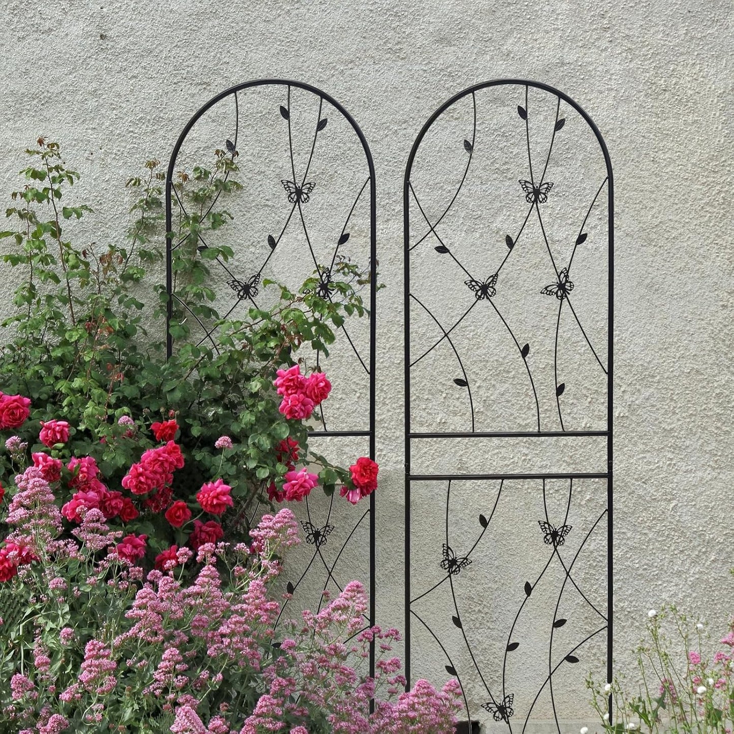 8 Pack Metal Garden Trellis for Climbing Plants, 71" Tall Rustproof Outdoor Trellis Panel with Butterfly Design, Decorative Black Iron Plant Support for Vine, Rose, Flower, Garden Wall