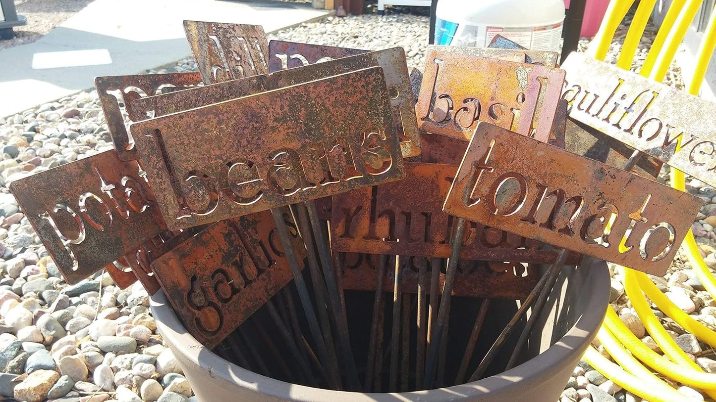 Classic Metal Garden Markers 19 Inches Tall (Custom Text, Naturally Rusted)