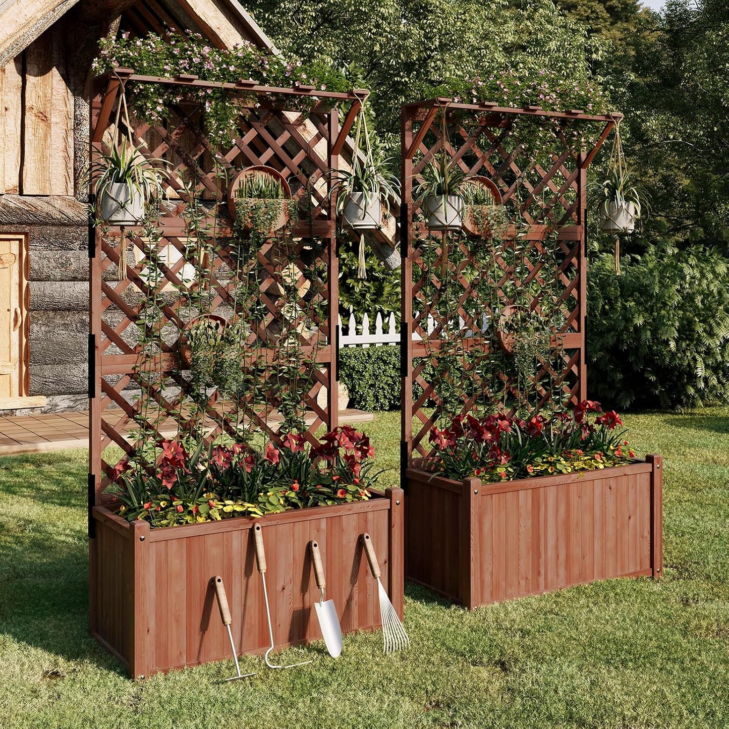 SPECRAFT 2 Pack Wood Planter with Trellis, 35.4x17.7x72 Inch Raised Garden Bed, 1.6Ft Deep Large Planter Box for Outdoor Gardening, Vegetables, and Climbing Plants