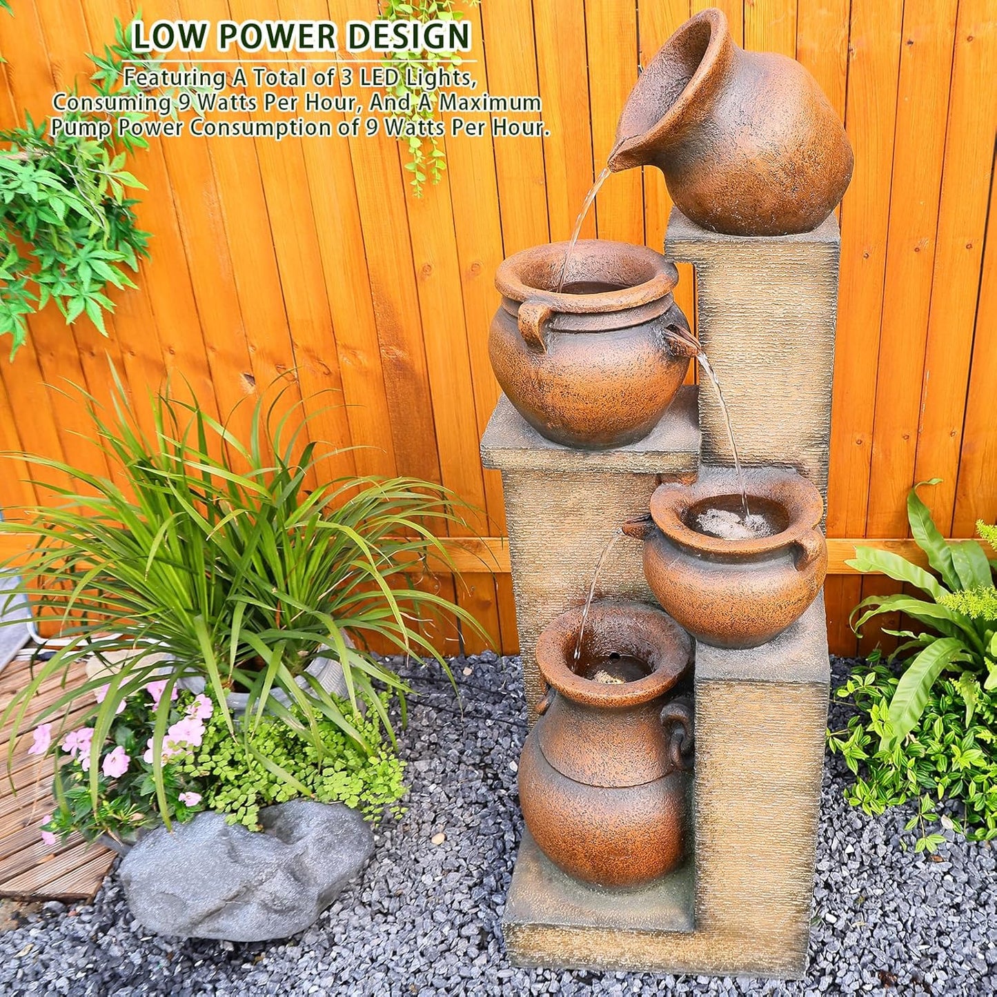 Water Fountain Outdoor Fountain with Lights - 53 Inches 4 Tiered Floor Standing Outdoor Water Fountains and Waterfalls for Garden, Patio, Backyard, Porch Home Art Decor