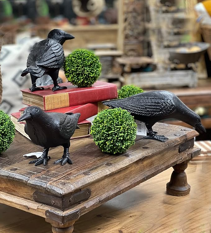 NACH Crow Decor, 4.5 x 11 x 3.5 inch, Cast Iron Black Raven Statue, Raven Decor for Outside - Head Up Crow Statue