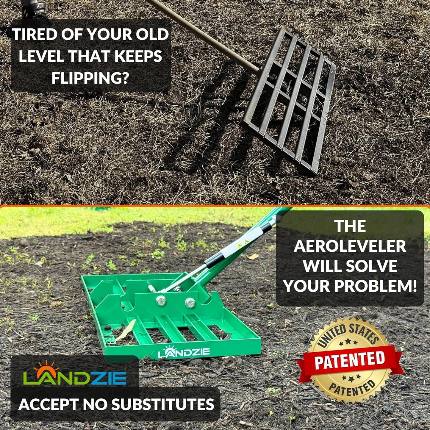 Landzie AeroLeveler - The Lawn Leveling Rake That Never Flips - Patented inch Wide Pneumatic Lawn Level for Yard, Dirt, Soil, Sand, Provides Stability and Control (Pneumatic 24" Leveling rake)