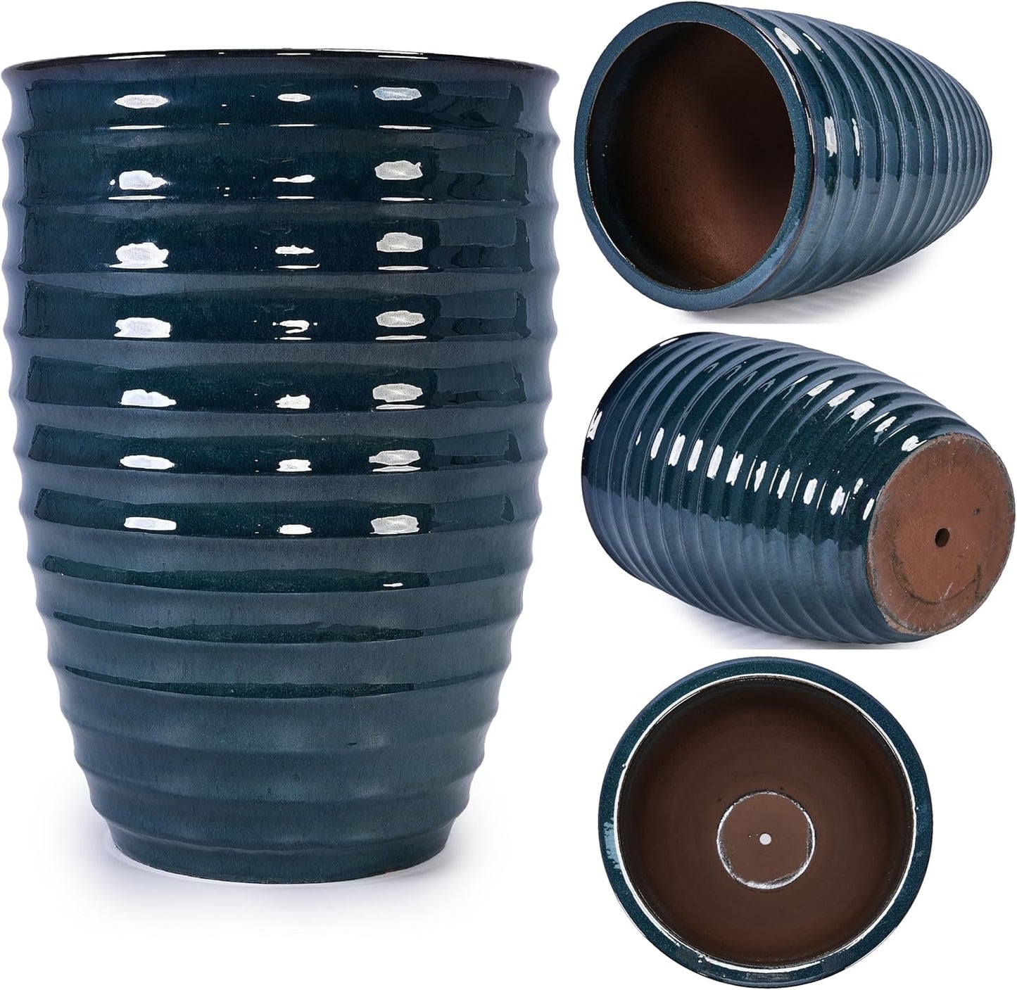 Large Ceramic Planter Pot 21 Inch, Tall Plante Pots Decorative Flower Pot with Ribbed Textured Pattern and Drainage for Indoor Outdoor Plants (Dark Green)