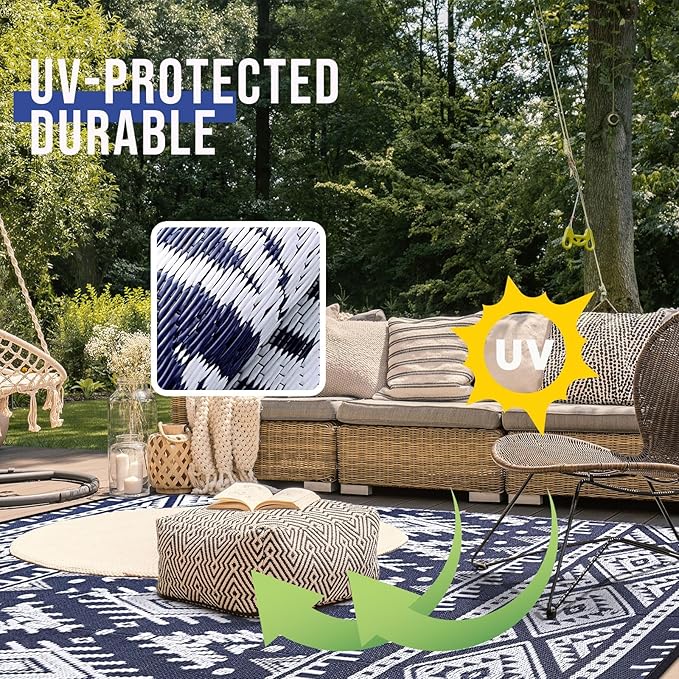 OLANLY Outdoor Rug Waterproof 9x18 ft, Reversible Outdoor Plastic Straw Rug, Boho Patio Rug, Indoor Outdoor Carpet, RV Mat Outside for Patio, Camp, Picnic, Balcony, Deck, Backyard, Navy & White