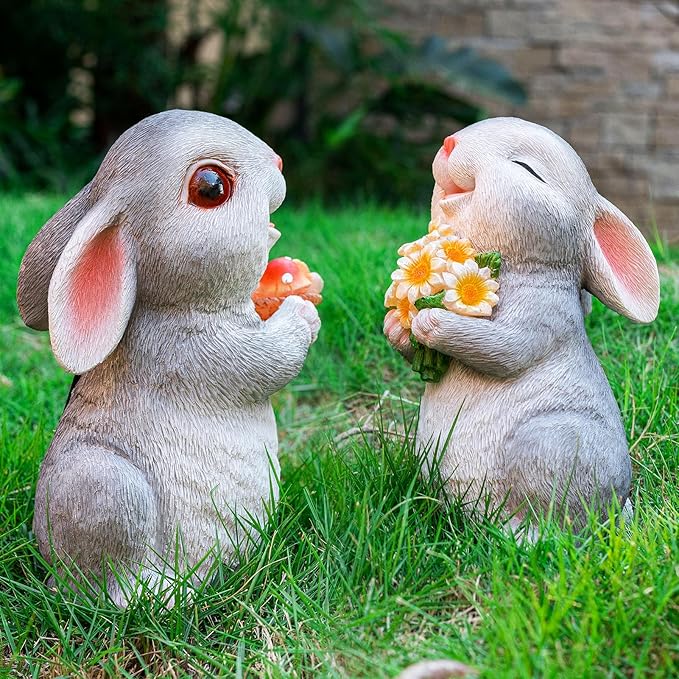 Solar Rabbit Garden Statues Outdoor Bunny Decor Resin Rabbit Figurine Holding Mushroom with LED Lights for Porch Patio Lawn Yard Christmas Housewarming Gardening Gifts for Mom Grandma