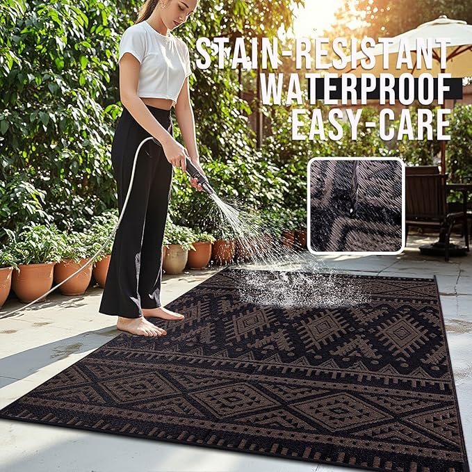 OLANLY Outdoor Rug Waterproof 9x18 ft, Reversible Outdoor Plastic Straw Rug, Boho Patio Rug, Indoor Outdoor Carpet, RV Mat Outside for Patio, Camp, Picnic, Balcony, Deck, Backyard, Black & Brown